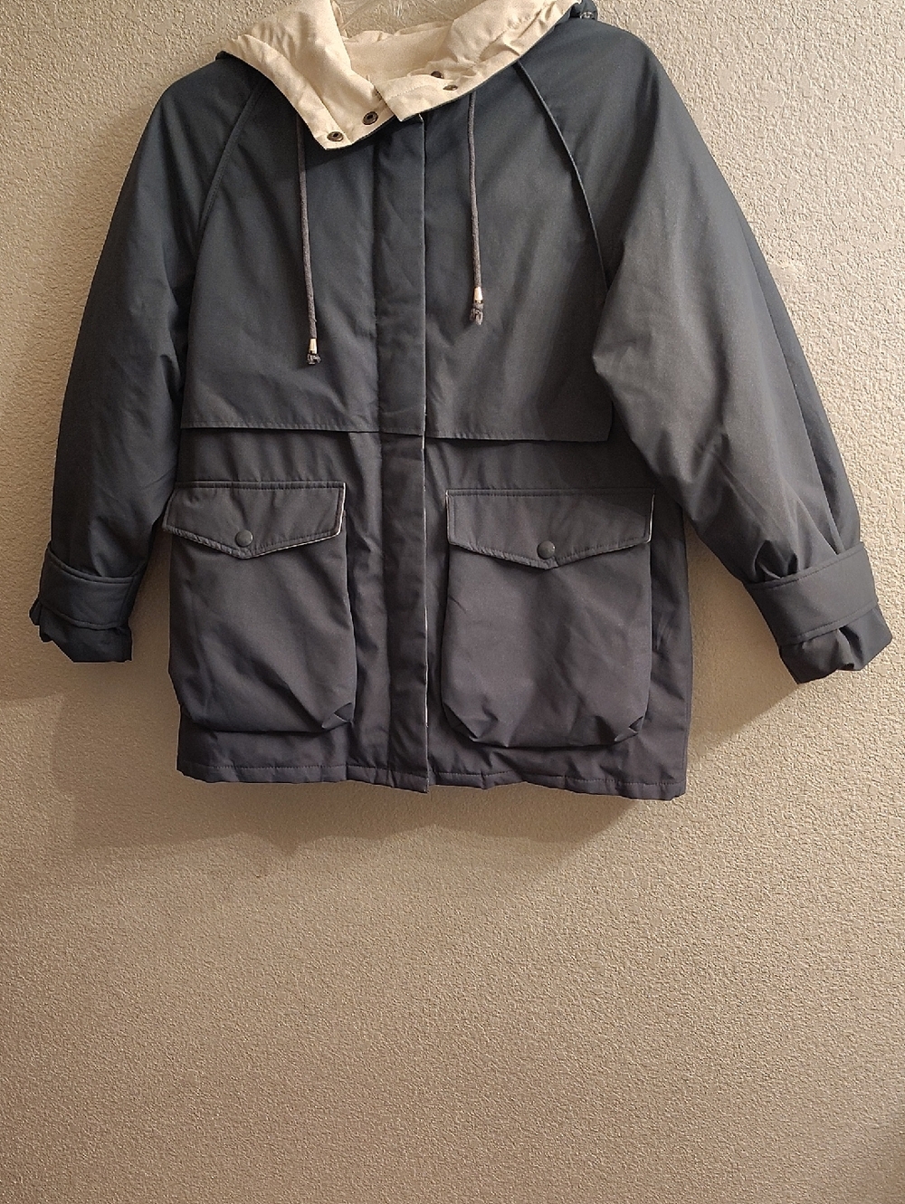 Nap Men's Sz L Military-Style Field Jacket with Cream Hood - Slate HMBC